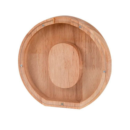 Wooden Alphabet Piggy Bank For Saving Coins With Acrylic Panel showing round natural rubber wood body and clear front for visible coin storage