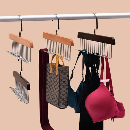 Wooden Sling Hanger for Lingerie with Eight Rotatable Hooks hanging bras panties and scarves on wooden frame with metal rotating hooks