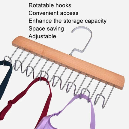 Wooden Sling Hanger for Lingerie with Eight Rotatable Hooks showing wooden frame, eight metal rotatable hooks holding bras and straps for space-saving storage