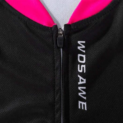 Cycling Jersey For Spring And Autumn Breathable Sweat Wicking Fit black zip-close front with WOSAWE logo and pink collar, breathable mesh fabric detail