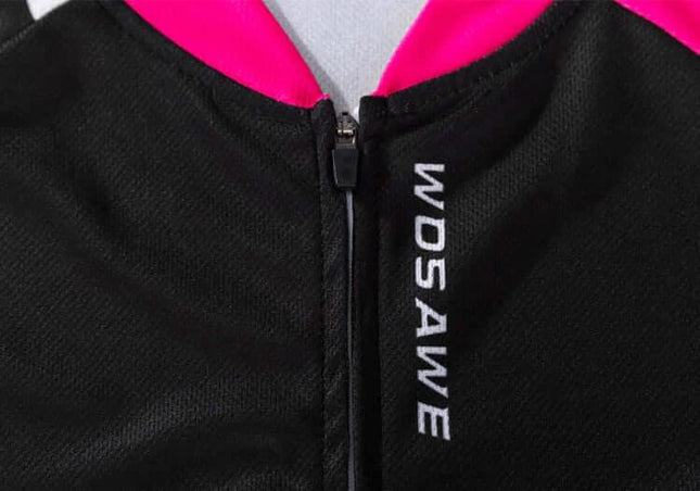 Cycling Jersey For Spring And Autumn Breathable Sweat Wicking Fit black zip-close front with WOSAWE logo and pink collar, breathable mesh fabric detail