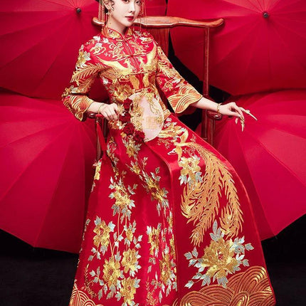 Xiuhe Dress Dragon And Phoenix Size M For Weddings traditional red embroidered bridal gown with dragon and phoenix motifs on model