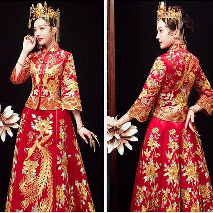 Xiuhe Dress Dragon And Phoenix Size M For Weddings red traditional wedding dress with gold dragon and phoenix embroidery, front and back views