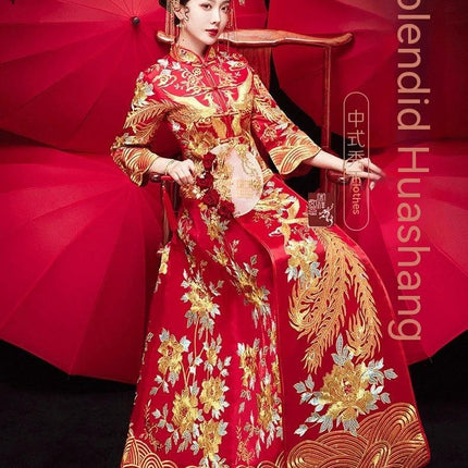 Xiuhe Dress Dragon And Phoenix Size M For Weddings - red traditional wedding gown with gold dragon and phoenix embroidery and headdress