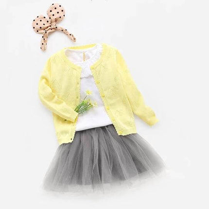 Knitwear Baby Cardigan With Diagonal Tie Closure For Everyday Wear - yellow enzyme-washed baby cardigan styled with white top and grey tulle skirt