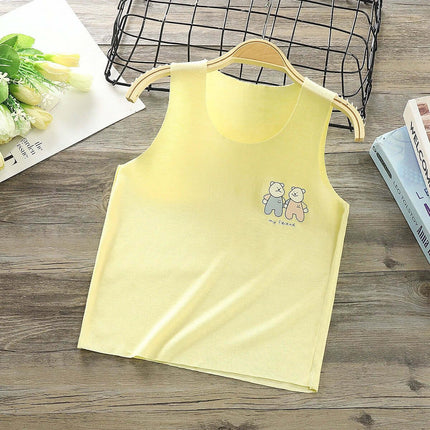 Modal Kids Vest Camisole For Summer Everyday Wear - yellow sleeveless kids top with cartoon bear print, soft breathable modal for ages 1–3