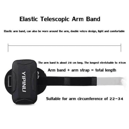 YIPINU Arm Phone Bag For Outdoor Sports 18x10cm Everyday Carry compact waterproof elastic telescopic arm band showing strap and dimensions