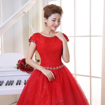 Wedding Dress With Lace Shoulder, Slim Fit for Brides - red lace cap-sleeve slim-fit bridal gown with mid-waist princess skirt