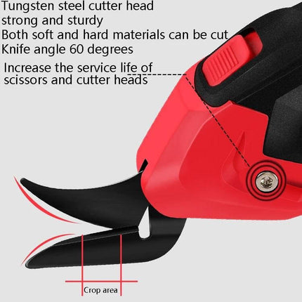 YOURTOOLS Electric Scissors For Clothing, Leather And Carpet Gray close-up of gray/red unit showing tungsten steel detachable cutter head and 60° blade angle for fabric and leather
