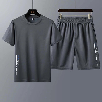 Youth Two Piece Short Sleeve T Shirt Set For Summer - gray Korean-style breathable chemical-fiber tee and matching shorts for casual youth wear