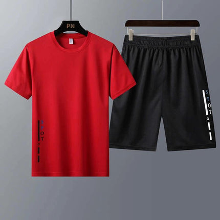 Youth Two Piece Short Sleeve T Shirt Set For Summer - red short sleeve tee and black elastic waist shorts in Korean-inspired casual set, breathable fiber blend