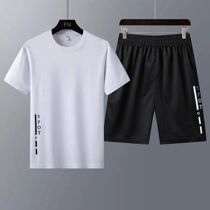 Youth Two Piece Short Sleeve T Shirt Set For Summer in white tee and black shorts, Korean-inspired breathable chemical fiber blend casual set