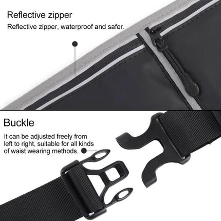 YSU Ultra-Thin Waterproof Phone Waist Bag for Running showing reflective zipper and adjustable buckle details