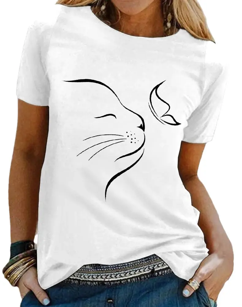 Casual Loose Round Neck Short Sleeve Hoodie for Everyday Comfort 2 White T-Shirt With A Minimalist Black Cat Face Design And A Butterfly Illustration.