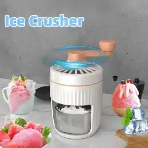 Manual ice crusher with a transparent container and a hand crank on top, surrounded by ice and desserts.