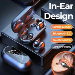 Wireless earbuds with a charging case featuring touch control and LED power display.