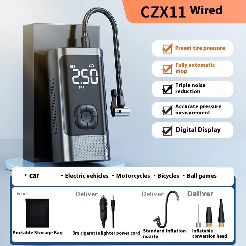 Portable Wireless Tire Inflator – Inflate Anywhere, Anytime! 2 Czx11 Wired Tire Inflator With Digital Display, Preset Tire Pressure, And Automatic Stop Feature.