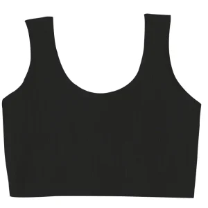 Black ribbed crop top with a scoop neckline and wide straps.
