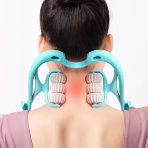 A person using a neck and shoulder massager with roller balls on their back.