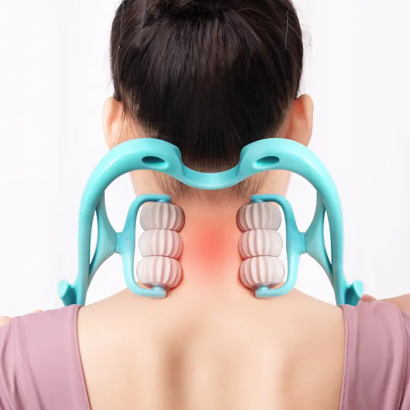 Six-Wheel Manual Neck Massager for Ultimate Pain Relief 1 A Person Using A Neck And Shoulder Massager With Roller Balls On Their Back.