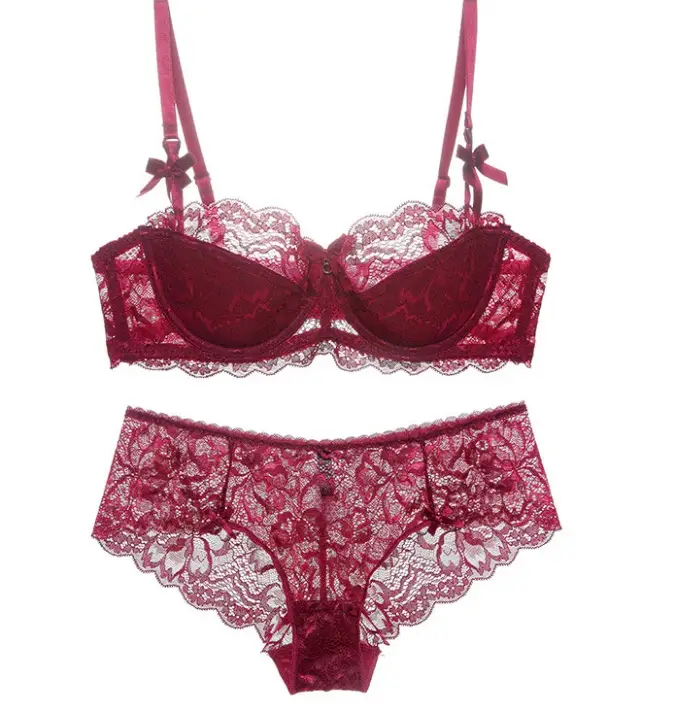Elegant Lace Thin Cotton Women's Underwear Set for Comfort 1 Burgundy Lace Lingerie Set Featuring A Bra With Adjustable Straps And Matching Panties With Floral Patterns.