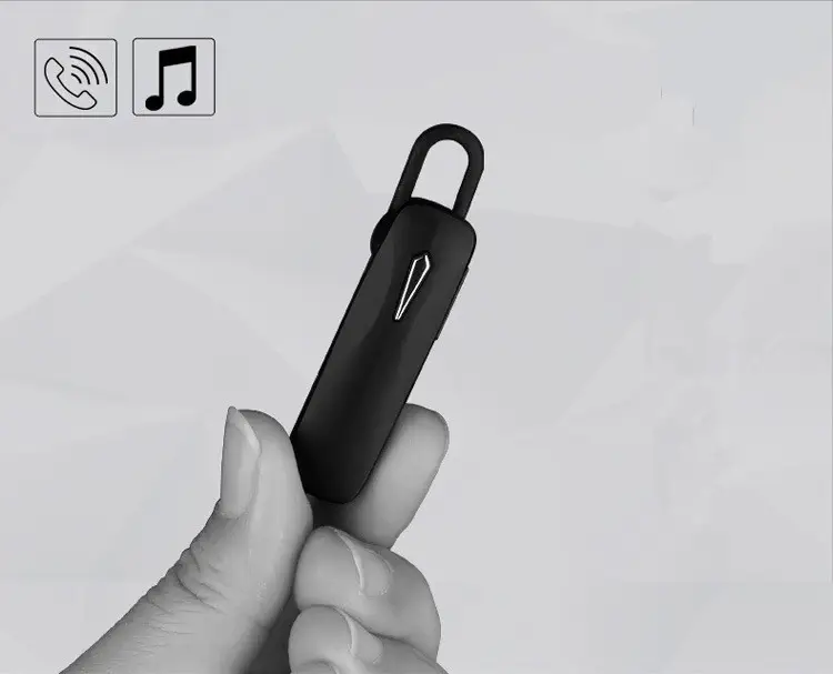 Drive comfortably with the M163 Bluetooth Headset: Ideal for Hands-Free Calls 4 Black Wireless Earbud Held In A Hand With Icons For Call And Music Functionality.