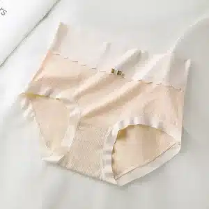 Beige high-waisted underwear with a scalloped waistband and smooth fabric texture.