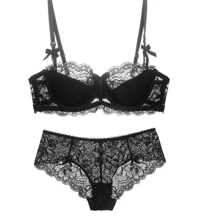 Elegant Lace Thin Cotton Women's Underwear Set for Comfort 2 Black Lace Lingerie Set Consisting Of A Bra With Underwire And Matching Panties With Floral Patterns.