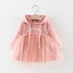 Pink hoodie dress featuring a tulle skirt and drawstring hood.