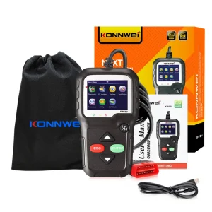 Konnwei KW680 OBD2 scanner with a color display, USB cable, and carrying case, presented with its packaging.