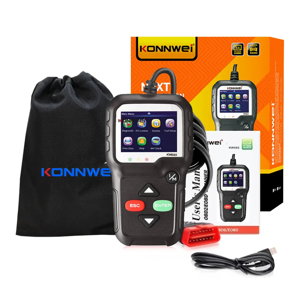 User-Friendly Automotive Fault Diagnosis Scanner for Accurate Results 1 Konnwei Kw680 Obd2 Scanner With A Color Display, Usb Cable, And Carrying Case, Presented With Its Packaging.