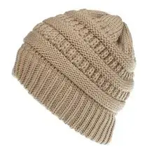 Chic Mixed Color Knitted Ponytail Hat for Ladies 4 A Beige Knit Beanie Hat With A Textured Pattern And A Slouchy Fit.