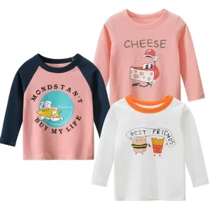 Three Long Sleeve Children'S T-Shirts Featuring Various Graphic Designs And Colors.