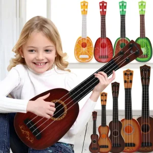 Young girl smiling while playing a brown ukulele with colorful ukuleles displayed behind her.
