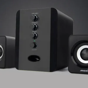 Black speaker system with two satellite speakers and a subwoofer, featuring volume, treble, and bass controls.