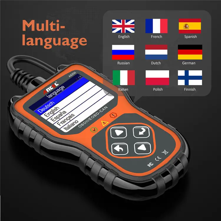 Ancel AS200 OBD2 Scanner - Multilingual Car Diagnostic Tool 3 Multilingual Automotive Diagnostic Tool With A Display And Control Buttons For Various Languages.