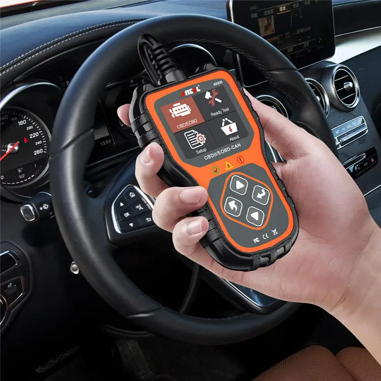 Ancel AS200 OBD2 Scanner - Multilingual Car Diagnostic Tool 5 Automotive Diagnostic Scanner Held In A Hand, Featuring A Bright Orange Display And Multiple Buttons For Vehicle Diagnostics.