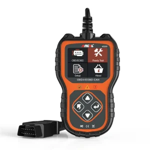 OBDII/EOBD diagnostic scanner with a black and orange design, featuring a screen and control buttons.