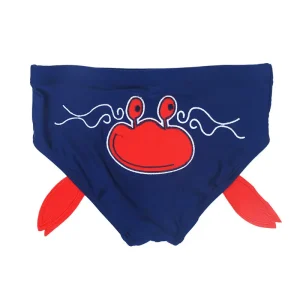 Navy blue swim trunks with a red crab design and red flippers on the sides.