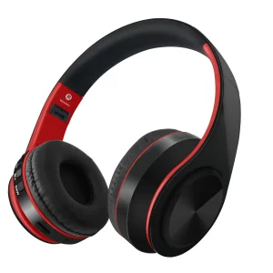 Wireless over-ear headphones with a black and red color scheme and adjustable headband.