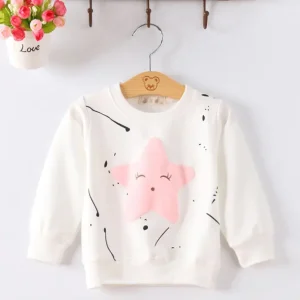 White sweatshirt featuring a pink star design and abstract black lines on the front.