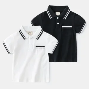 Set of two short-sleeve polo shirts in black and white with contrasting collar and pocket details.