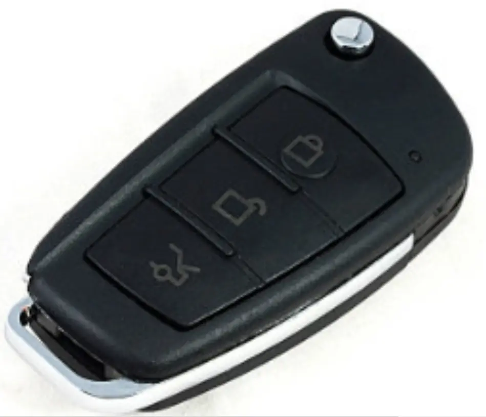 720P Wireless IP Camera - Home Security with Micro SD Slot 5 Black Car Key Fob Featuring Three Buttons For Locking, Unlocking, And Trunk Release.