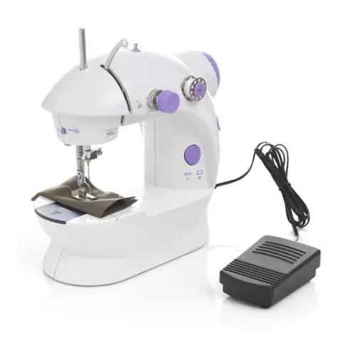 Compact Multifunctional Mini Sewing Machine for Home Projects 3 Compact Sewing Machine In White And Purple With A Foot Pedal And Adjustable Settings.
