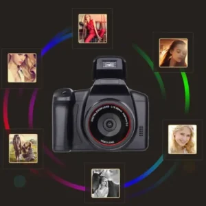 Digital camera with a flash and portraits of women displayed around it.