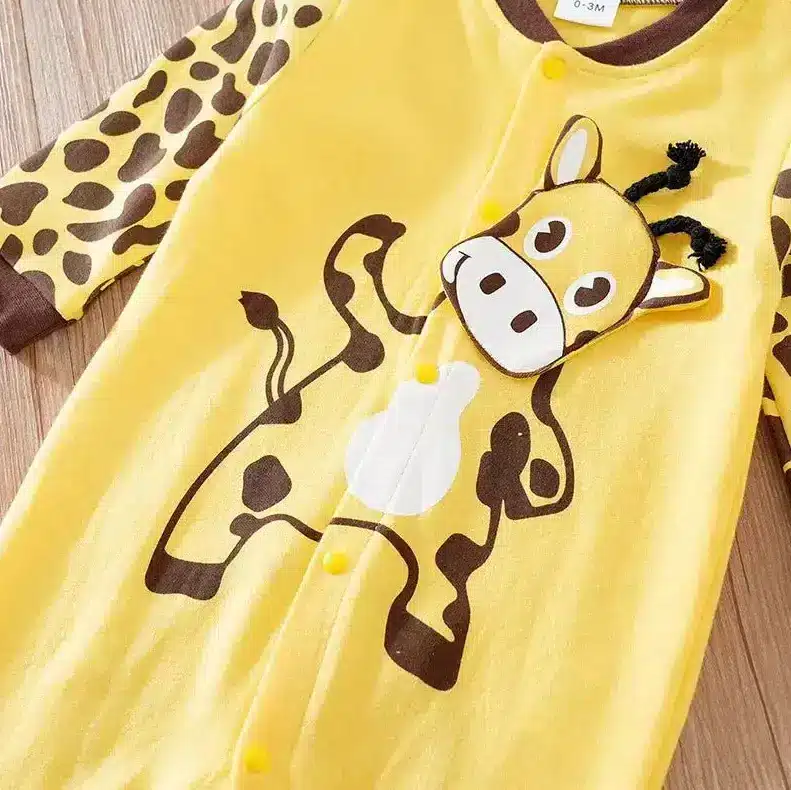Adorable Baby Jumpsuit Rompers for Easy and Stylish Dressing 2 Yellow Baby Onesie With Giraffe Pattern And Cartoon Giraffe Face On The Front.