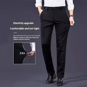 Black dress pants for men with a focus on comfort and elasticity.