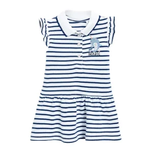 Blue and white striped dress with a collar and short sleeves featuring a 'magic' design.