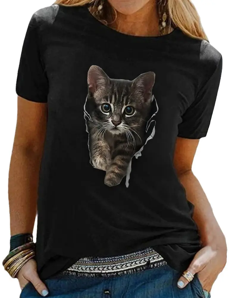 Casual Loose Round Neck Short Sleeve Hoodie for Everyday Comfort 3 Black T-Shirt With A Graphic Print Of A Cat'S Face, Worn By A Person With Long Hair And Accessories.