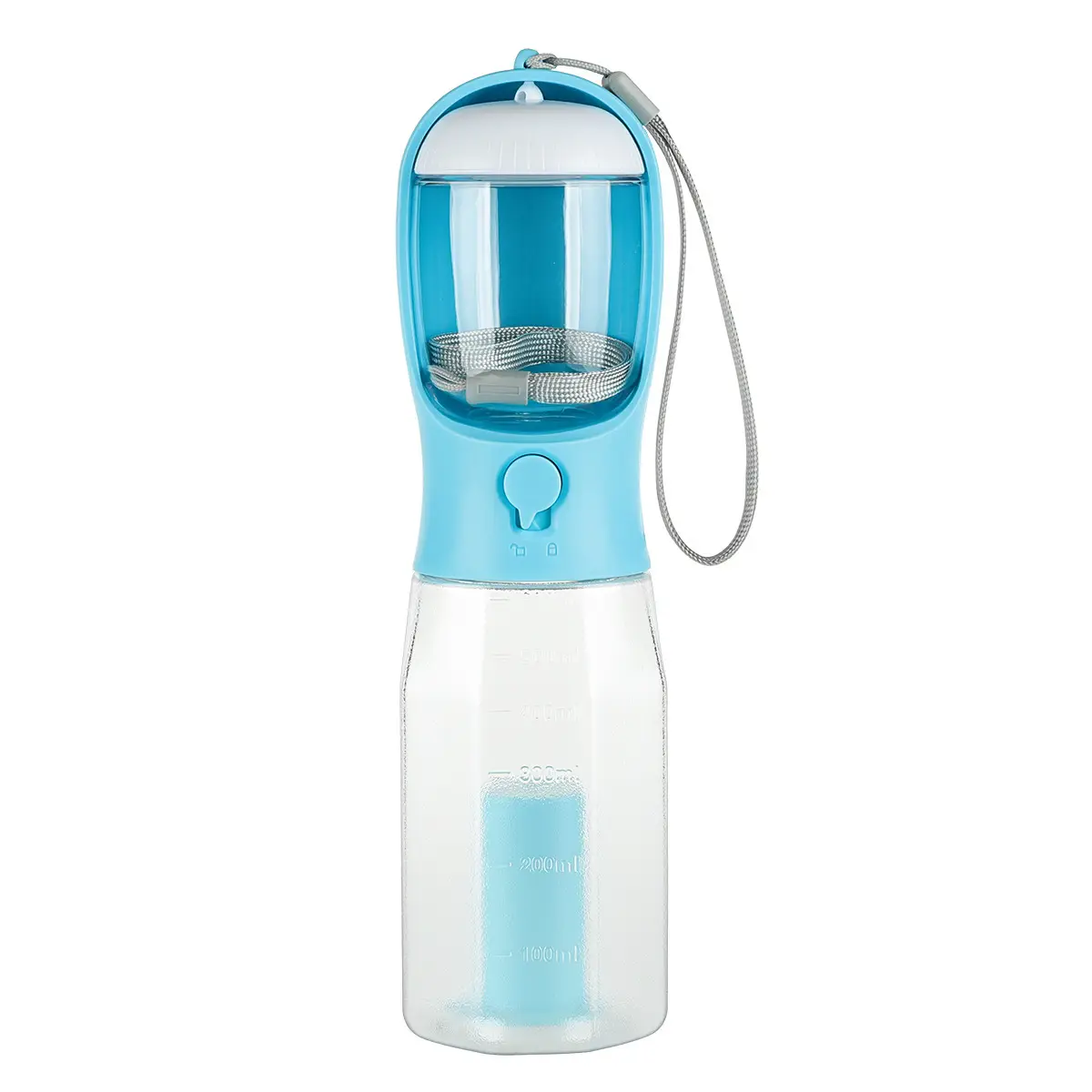 3-in-1 Leak-Proof Travel Bottle & Feeder for Pets 9 Transparent Water Bottle With A Blue Lid And Built-In Filter For Purifying Water.